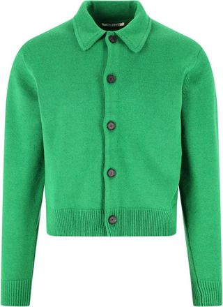 Auralee Green Classic-Collar Wool Cardigan