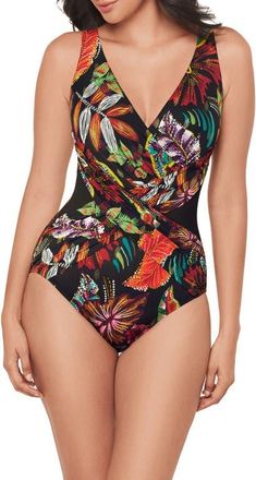 Miraclesuit Pluma Orla Crossover One-Piece Swimsuit in Black Multi at Nordstrom, Size 10