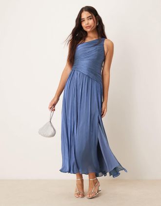 Ever New metallic one shoulder drop hem maxi dress in blue