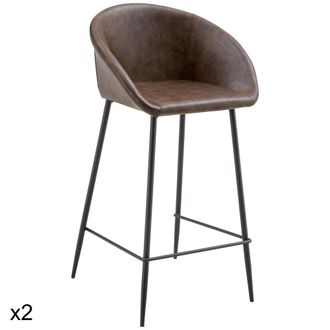 Happy Garden Juego de 2 taburetes de bar en polipiel marr&oacute;n y hierro negro