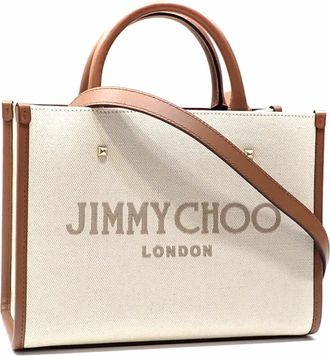 Jimmy Choo London Beige Camel Cotton Leather Tote Bag (Pre-Owned)