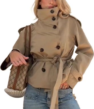 Generic Womens Spring and Autumn Retro Elegant Classic Stand Collar Double-Breasted Short Trench Coat Fashion Business Casual Office Coat with Belt (Khaki,S)