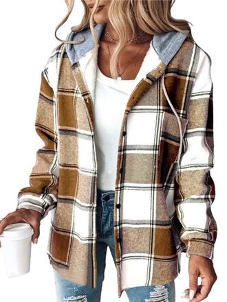 Generic Womens Plaid Button Down Fleece Lined Hooded Lightweight Casual Jackets Warm Coat (BROWN,L)