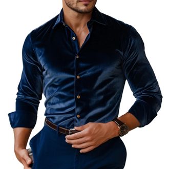 Generic Mens Casual Long Sleeve Shirts | Solid Color | Collared Button Up Shirts Fashion Autumn Tops | for Travel Dating L Blue