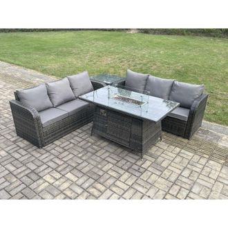 Fimous Rattan Garden Furniture Set with Fire Pit Table 4 Pieces Outdoor Patio Lounge Sofa Set Dark Grey Mixed - Fimous
