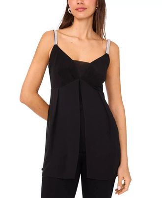 MSK Msk Tunic Top Womens Black Rhinestone Strap V-Neck Overlay Blouse PAL149