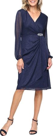 S.L. Fashions Glitter Mesh Long Sleeve Cocktail Dress in Navy at Nordstrom, Size 14P
