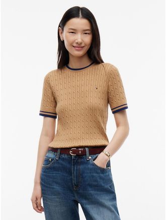Tommy Hilfiger Womens Short-Sleeve Cable Knit Tipped Sweater - Timeless Camel - XXL