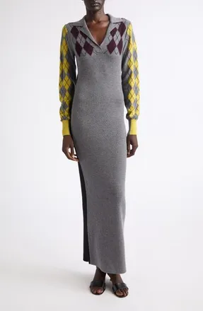 Zankov Raisa Long Sleeve Merino Wool Polo Maxi Dress in Grey Melange Multi at Nordstrom, Size Medium