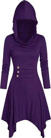 Generic Womens Long Sleeve Sweatshirt Dress Midi A-Line Drawstring Hoodie Dress Ladies Solid Color Double Waisted Lace Up Gifts Holiday Essential