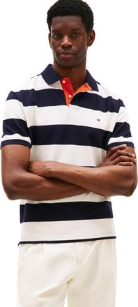 Tommy Hilfiger Mens Short Sleeve Casual Polo Shirts in Regular Fit with Rugby Stripe Designs, Desert Sky/Ivory Petal, Medium