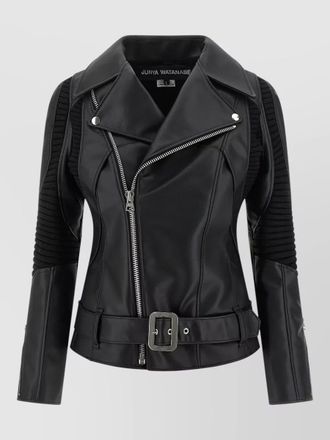 Junya Watanabe ribbed knit insert asymmetric zip leather jacket