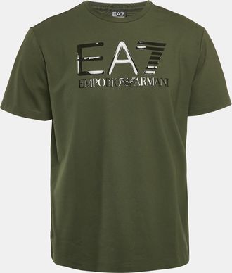 Emporio Armani Dark Green Logo Print Cotton Crew Neck T-Shirt