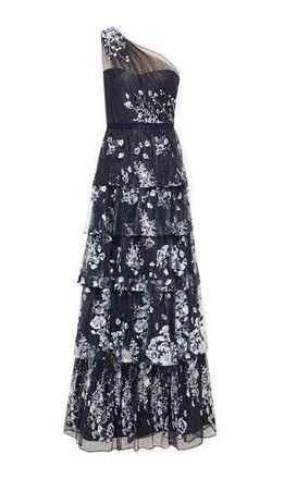 Notte By Marchesa One-shoulder embellished tiered tulle gown Size 36