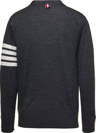 Thom Browne Mens V-Neck Cardigan Grey Wool Virgin Tops Top