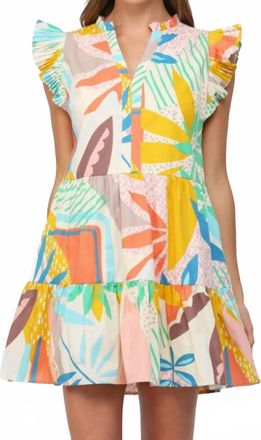 Fate Tropical Cotton Poplin Split Neck Dress In Multicolor