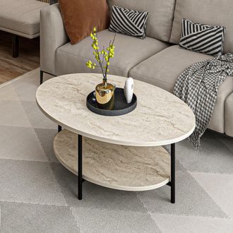 Dmora Mesa De Centro Subiaco, Con Patas, Un Compartimento, Forma Ovalada, 90x60x36h Cm Beige M&aacute;rmol