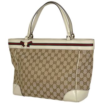 Gucci Sherry Line Beige Ivory Gg Canvas Leather Tote Bag (Pre-Owned)
