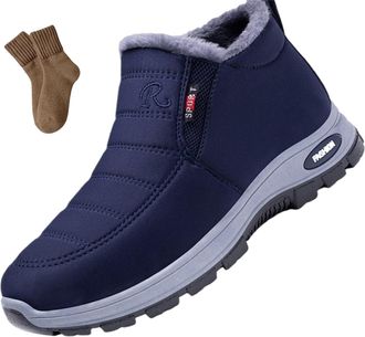 Generic Winter Warm Sheepskin-Lined Waterproof Non Slip Orthopedic Shoes, With Arch Support Outdoor Slip On Ankle Sneakers (Blue,9.5)