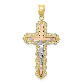 Diamond2Deal 10K Tri-color Diamond-cut Crucifix Pendant