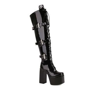 Generic Womens Chunky High Heel Platform Gothic Punk Boots Lace Up Thigh High Boots with Side Zipper PU Leather Over The Knee Boot with Bat Wing Buckles,Black