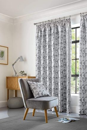 Alan Symonds Skandi Geometric Jacquard Fully Lined Taped Curtains in Silver | Size: 229 cm width x 229 cm drop