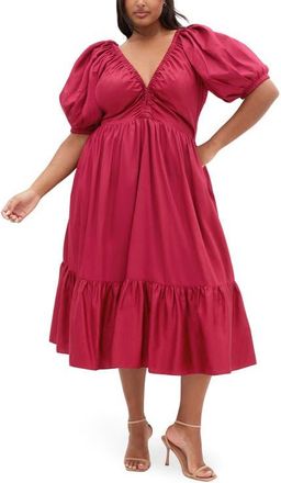 City Chic Grace Puff Sleeve Midi Dress in Raspberry at Nordstrom, Size 16W