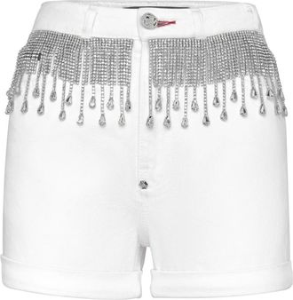 Philipp Plein Hot Pants Fringe - Dames - Denim shorts - Wit - W25 - Katoen - Korte Broeken