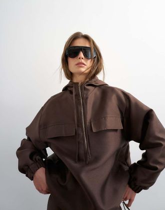 Topshop Bomber in twill satinato marrone in coordinato