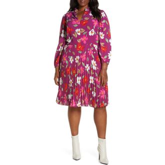 Maggy London Floral Pleated Long Sleeve Fit & Flare Dress in Rose Wine/Raspberry at Nordstrom Rack, Size 18W