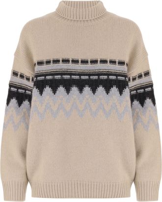 Allude Beige Geometric Pattern Cashmere Turtleneck Sweater