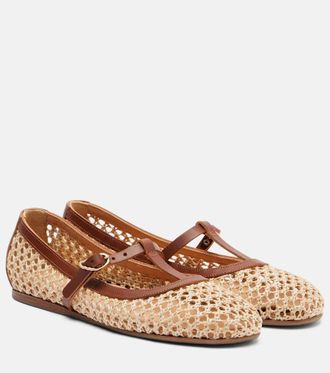 Ancient Greek Sandals Aerati leather-trimmed raffia Mary Jane flats