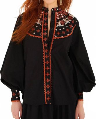Farm Rio Embroidered Button Front Blouse In Black