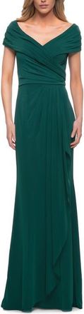 La Femme Ruched Jersey Long Gown with V-Neckline in Emerald at Nordstrom, Size 18