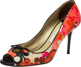 Jimmy Choo London Multicolor Floral Print Canvas Bow Peep Toe Pumps