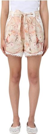 Twinset Bloemen Linnen Shorts met Striktaille - Dames - Bermuda - Veelkleurig - M - Linnen - Korte Broeken