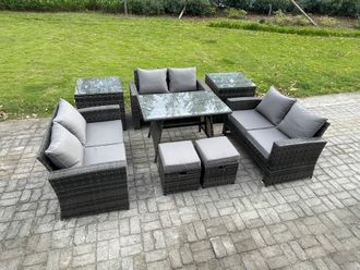 Fimous Outdoor Lounge Sofa Set Wicker PE Rattan Garden Furniture Set with Rectangular Dining Table 2 Seat Sofa in Dark Grey