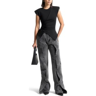 Mani&egrave;re De Voir Wide Shoulder Ruched Waist Top in Black at Nordstrom, Size 16