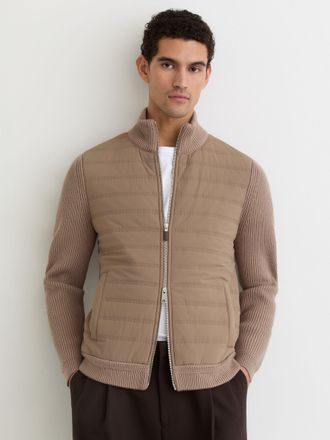 Reiss Taupe Brown Quilted Rib-knit Funnel-neck Jacket, Xxl