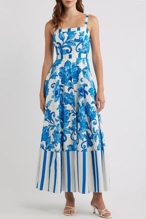 Flying Tomato Floral Print Sleeveless Maxi Dress in White/blue at Nordstrom, Size Small