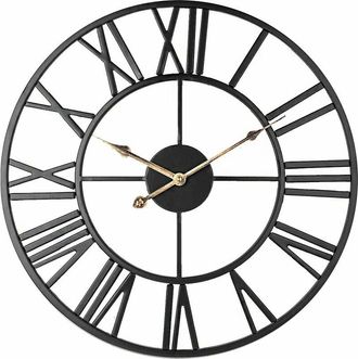 OEM Reloj De Pared Silencioso Vintage De 50 Cm, De Metal Negro Y Dorado, Con N&uacute;meros Romanos Decorativos, Resistente A La Corrosi&oacute;n Y Duradero