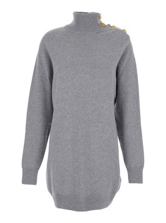 Balmain Grey Dress With High Neck And Metallic Logo Buttons In Cashmere Woman