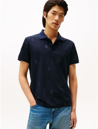 Tommy Hilfiger Mens Regular Fit Allover Crest Pique Polo - Navy - M