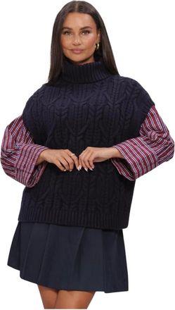 Co'Couture Truien & Vesten, Dames, Blauw, XS, CoCouture Dames Spencer Rowcc Oversize Cable Knit Vest Donkerblauw - Maat M