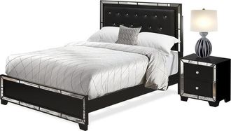 East West Furniture NE11-Q1N000 2-PC Nella Bedroom Set with Button Tufted Queen Bed and Small Nightstand - Black Leather Headboard and Black legs