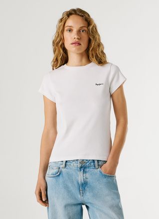 Pepe Jeans London T-Shirt PEPE JEANS MERIDA, Damen, Gr. XL, wei&szlig;, Feinripp, Obermaterial: 95% Baumwolle, 5% Elasthan, bestickt, unifarben, h&uuml;ftlang, Rundhals, abgestepp