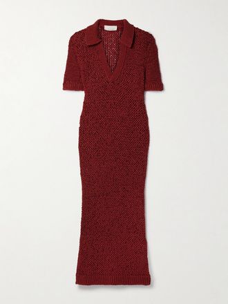 Liberowe Abito Maxi In Misto Cotone Biologico Punto A Giorno - Rosso