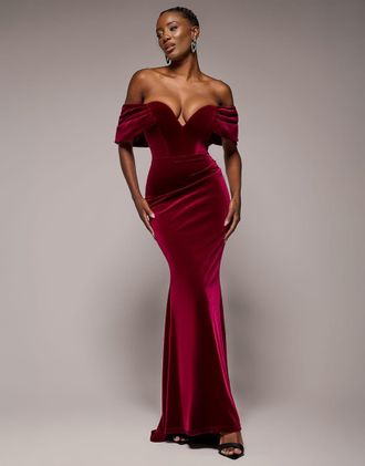 Goddiva Vestito lungo bordeaux in velluto con scollo profondo e spalle scoperte-Rosso