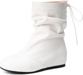 Generic Womens Slouchy Ankle Boots PU Leather Round Toe Wedge Heel Lace Up Adjustable Soft Upper Cushioned Insole Flexible Fit Durable Outsole,White,9.5 UK