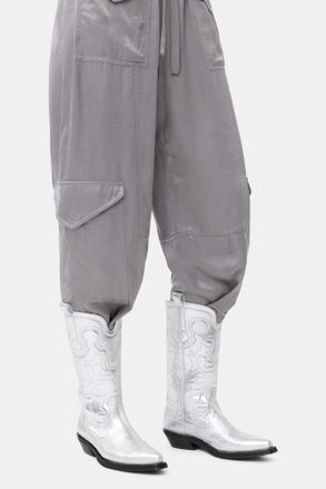 Ganni Mid Shaft Embroidered Western Boots in Silver Responsible Size 2 Polyester Womens